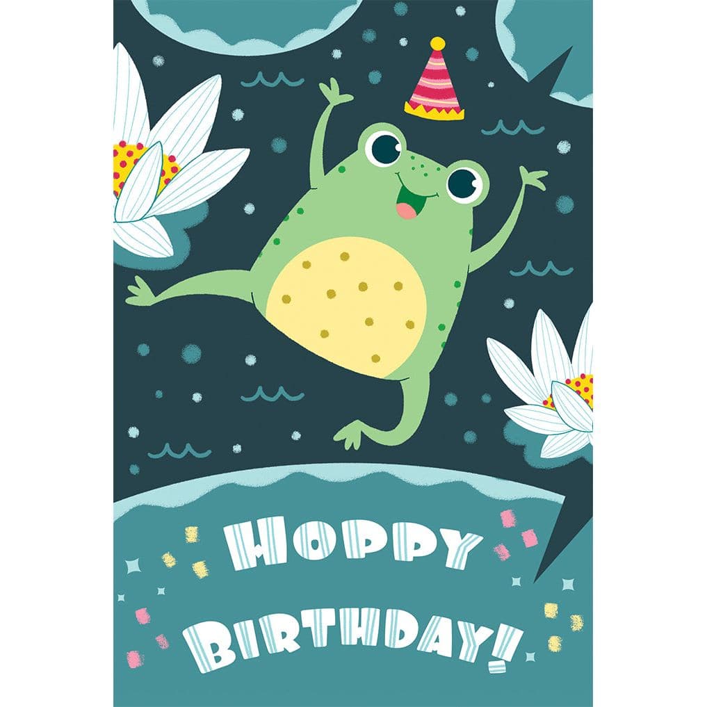 Colorful Hoppy Birthday Frog greeting card by Pictura featuring a cute frog illustration on an everyday card.